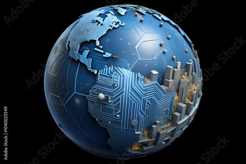 Digital Circuit Globe Over Cityscape Soft Lighting, Global Connectivity Technology Business Concept, Futuristic Urban Landscape, High-Tech Globe Illustration, Copy Space for Presentations, SEO Friendl photo