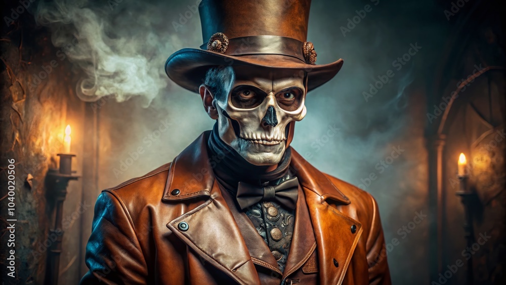 Handsome Skeleton Man in Steampunk Leather Suit for Halloween Festivities Handsome Skeleton Man in Steampunk Leather Suit for Halloween Festivities