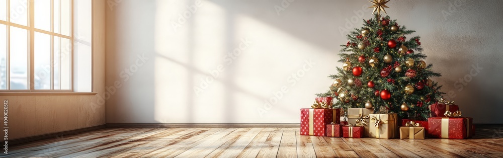 Christmas tree with presents, decorated with red and gold ornaments