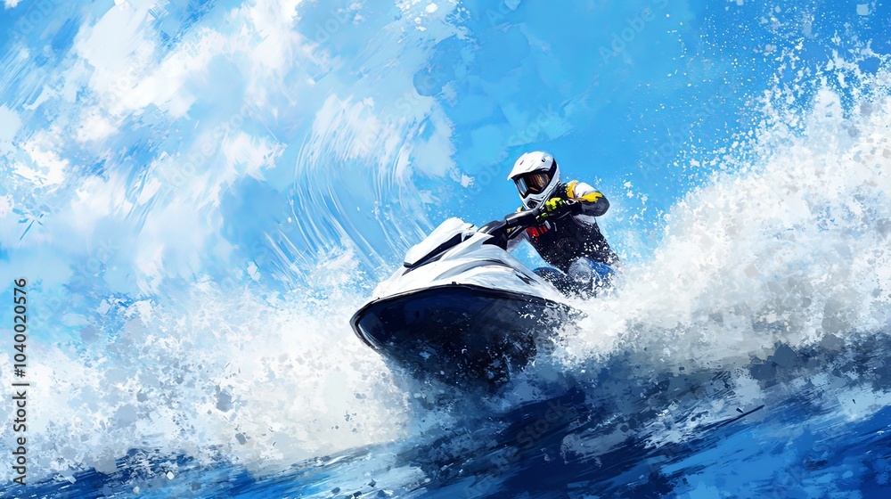 A jet ski speeding across the crystal-clear ocean, leaving a white trail of foam behind. A jet ski speeding across the crystal-clear ocean, leaving a white trail of foam behind.