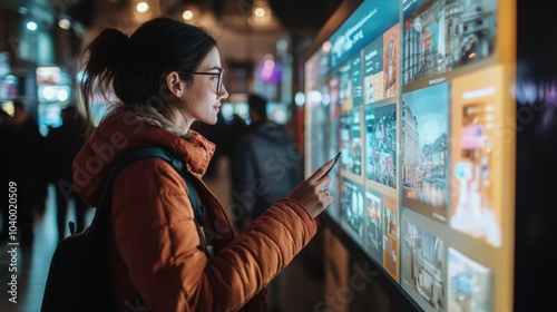 Smart City Information Hub, individual engaging with digital kiosk, exploring public services, discovering local attractions, urban landscape setting