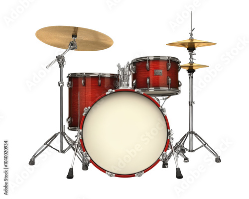 A red snare drum with a white head sits on a white background. The drum is a part of a drum set, which also includes a bass drum and a tom-tom drum