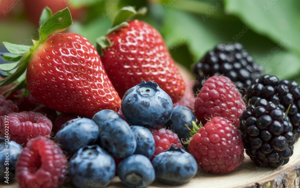 Fresh berries mix. Closeup of fresh red strawberries, blueberries, and raspberries, symbolizing summer's bounty and vibrant flavors. Fresh berries mix. Closeup of fresh red strawberries, blueberries, and raspberries, symbolizing summer's bounty and vibrant flavors.