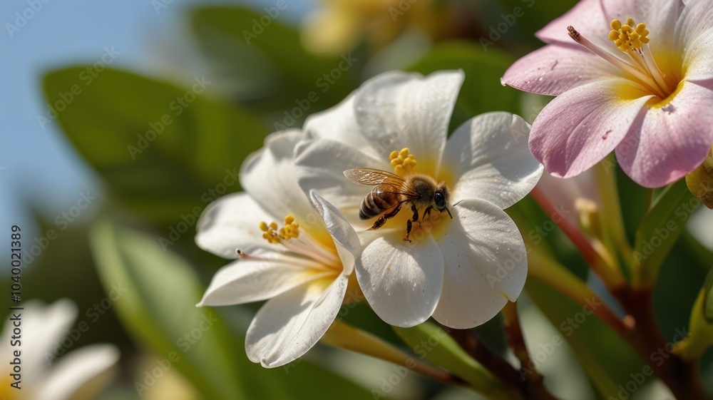 A honeybee collects nectar from a white and pink flower. A honeybee collects nectar from a white and pink flower.