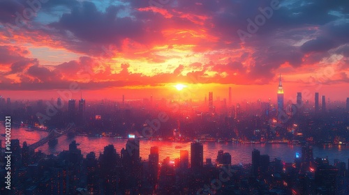 vibrant sunset over a bustling cityscape with silhouettes of skyscrapers against a gradient of warm oranges and cool blues reflecting the energy of urban life