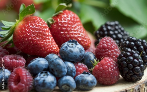 Fresh berries mix. Closeup of fresh red strawberries, blueberries, and raspberries, symbolizing summer's bounty and vibrant flavors.