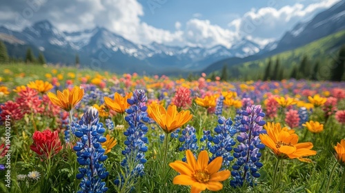 Fototapeta Naklejka Na Ścianę i Meble -  vibrant wildflower meadow bursts with color and summer energy inviting viewers to bask in the beauty of natures bloom under bright sunlight