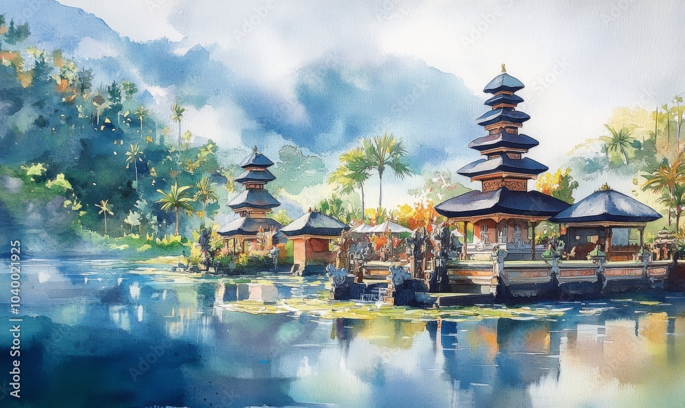Naklejka premium Watercolor Bali holiday tourism, Ulun Danu Bratan Water Temple Bali, Bali, Indonesia