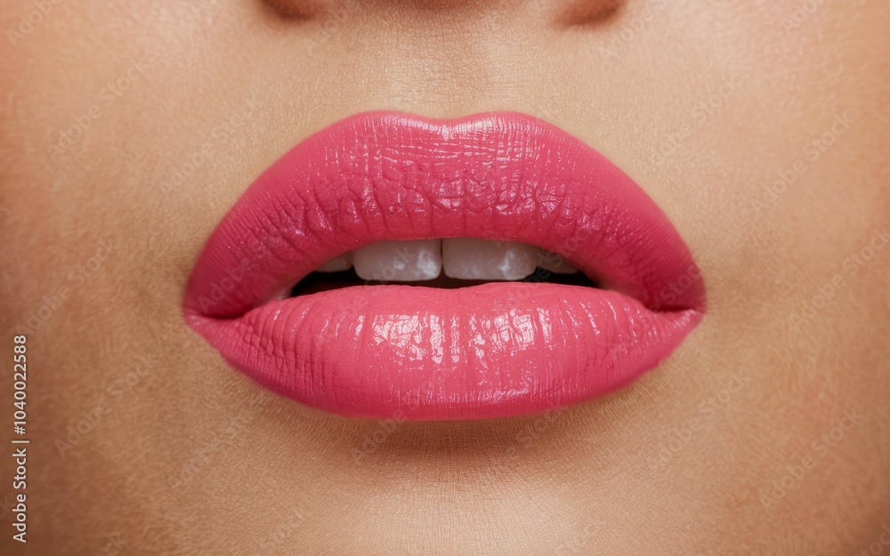 Fototapeta premium Pink lips makeup. Close-up image of pink lips with glossy lipstick. The lips are slightly parted, revealing a hint of a smile. A feeling of confidence and beauty is captured in this photo.