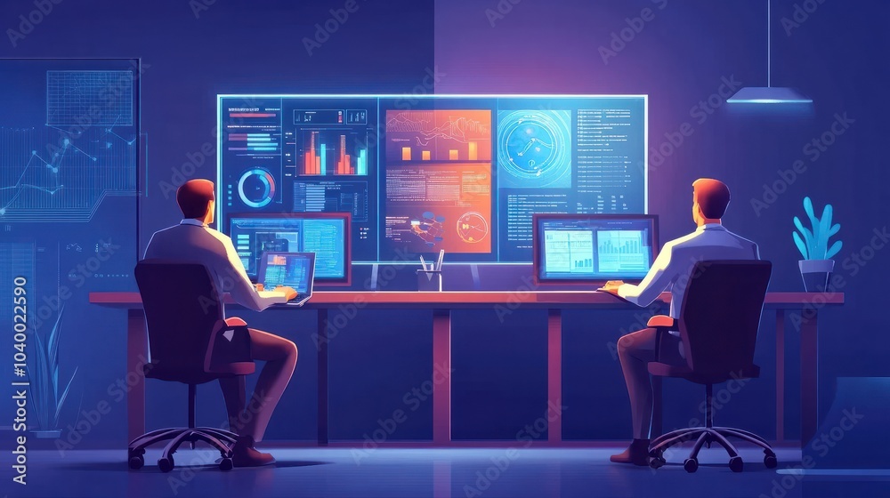 Business people analyze data and big data technology Two businessmen calculate business analysis and display images of complex data sets on a computer on the screen. artificial intelligence