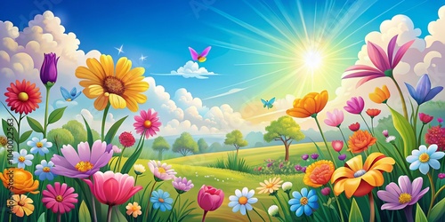 Happy Mother's Day Landscape Illustration - Colorful Hand Drawn Scene with Flowers and Nature Elements for Celebrating