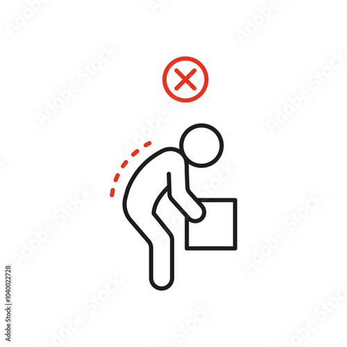 Wrong posture of spine for lift box, ergonomic work of person, line icon. Forbidden lifting weight, incorrect posture. Picking up cargo box. Vector outline illustration