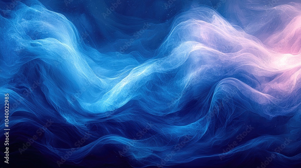 Abstract blue and pink flowing smoke pattern on a dark blue background.