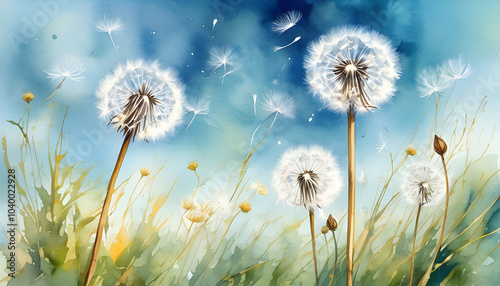 Watercolor painting of dandelions blown by the wind against a clear sky.