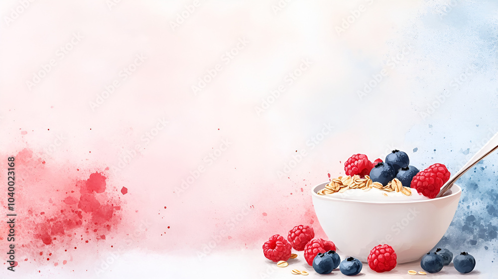 Yogurt, Oatmeal, and Berries on Watercolor Background