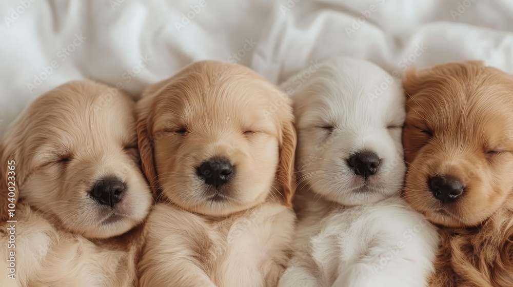 Five cute puppies snuggle together asleep on a pristine white bedding, capturing a moment of unity and comfort in their shared, dreamy slumber. Five cute puppies snuggle together asleep on a pristine white bedding, capturing a moment of unity and comfort in their shared, dreamy slumber.