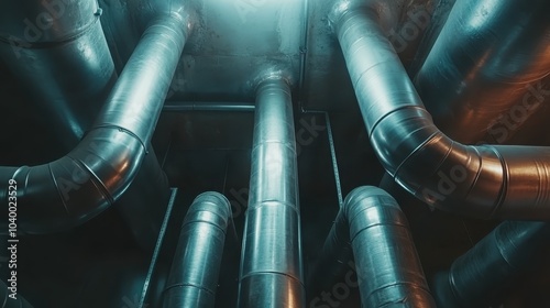 An intricate network of shiny, metallic industrial pipes viewed from below, illuminated by overhead lighting, highlighting their interconnected complexity and design.