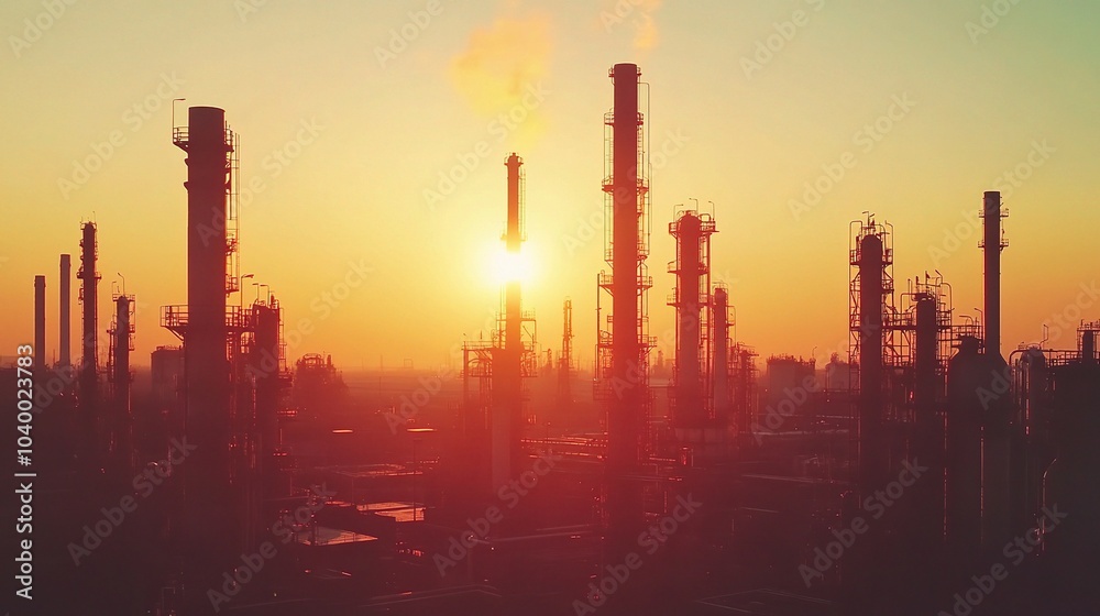 Fototapeta premium Sunset Over an Industrial Landscape with Smoke Stacks