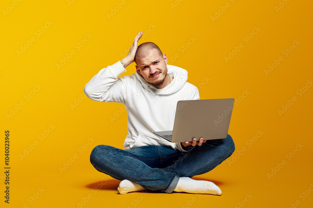 Confused young bearded man sitting on floor, holding laptop computer and scratching his head, isolated over yellow background Confused young bearded man sitting on floor, holding laptop computer and scratching his head, isolated over yellow background