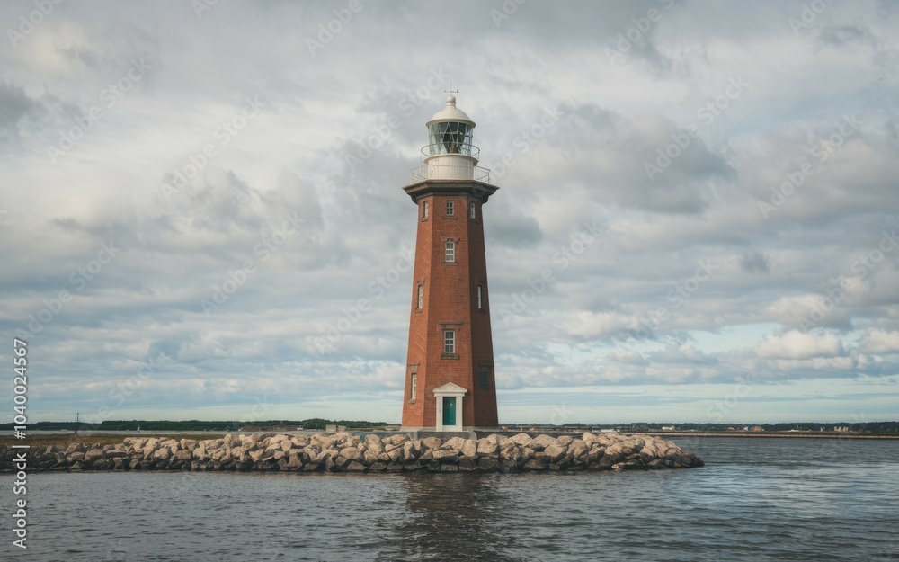 Brick lighthouse seascape. A brick lighthouse stands tall against a cloudy sky, symbolizing guidance and hope in the face of uncertainty. Brick lighthouse seascape. A brick lighthouse stands tall against a cloudy sky, symbolizing guidance and hope in the face of uncertainty.