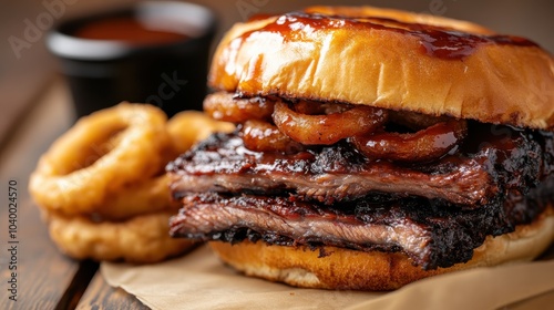 A tantalizing monstrous burger showcasing juicy meat, savory barbecue sauce, and crispy onion rings, enveloped in a shiny bun, offering an irresistible delight. photo