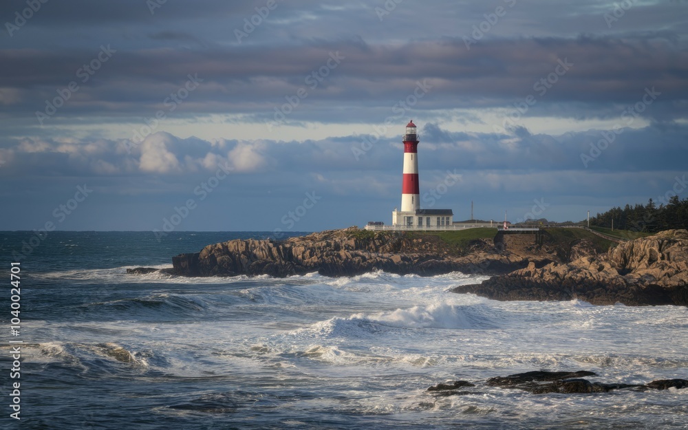 Coastal lighthouse seascape. A majestic lighthouse stands tall against the crashing waves, symbolizing hope and guidance amidst the stormy sea. Coastal lighthouse seascape. A majestic lighthouse stands tall against the crashing waves, symbolizing hope and guidance amidst the stormy sea.