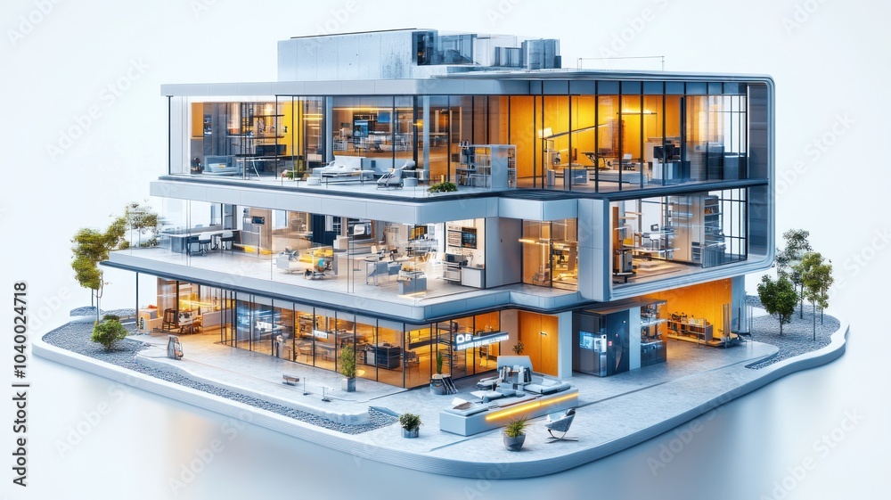 Modern multi-level building with vibrant interiors and workspaces. Modern multi-level building with vibrant interiors and workspaces.