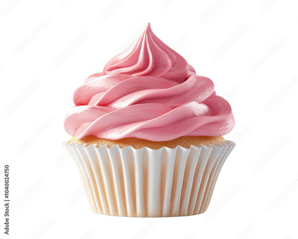 A delicious pink cupcake with a white wrapper is sitting on a white background. The frosting is a vibrant pink color, and the cupcake is topped with a white wrapper, making it look even more appealing A delicious pink cupcake with a white wrapper is sitting on a white background. The frosting is a vibrant pink color, and the cupcake is topped with a white wrapper, making it look even more appealing