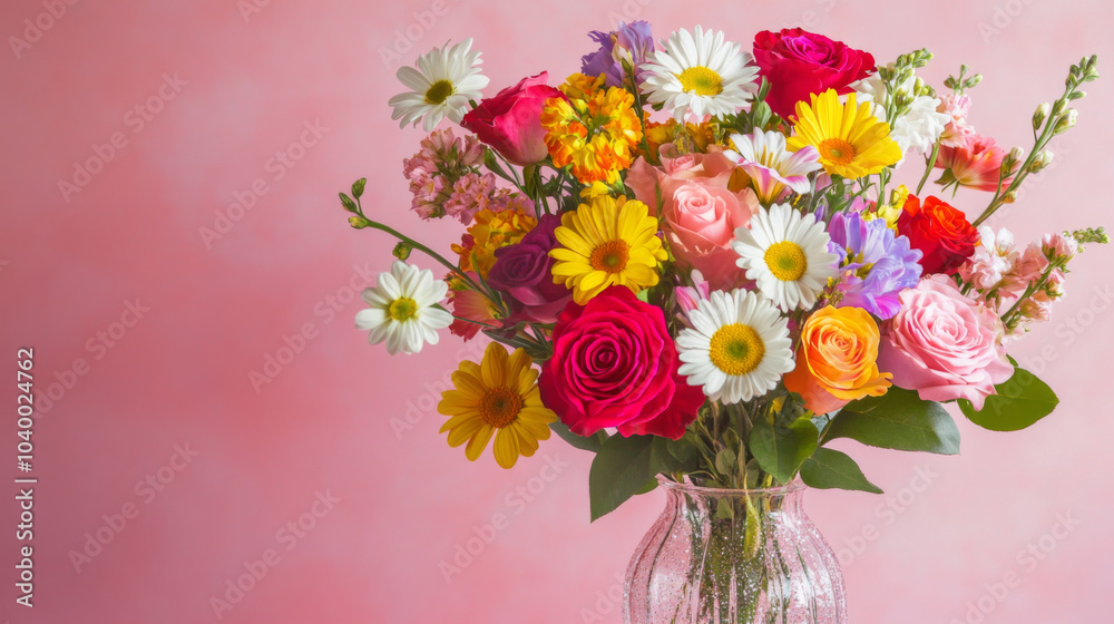 Vase with colorful flowers including roses and daisies on light background