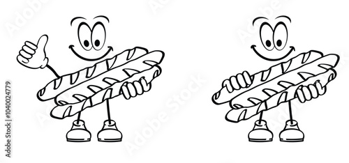 Cartoon French baguettes mascotte or Crusty baguette. French baguette. Baked traditional bread. Bright food for artisan bakery. Baking, dough products, flour and gluten. Homemade mini baguettes. Sandw