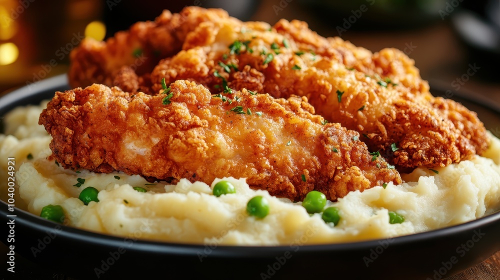 Close-up of crispy fried chicken fillets served on a bed of creamy mashed potatoes with green peas, garnished with herbs, offering a comforting meal option. Close-up of crispy fried chicken fillets served on a bed of creamy mashed potatoes with green peas, garnished with herbs, offering a comforting meal option.