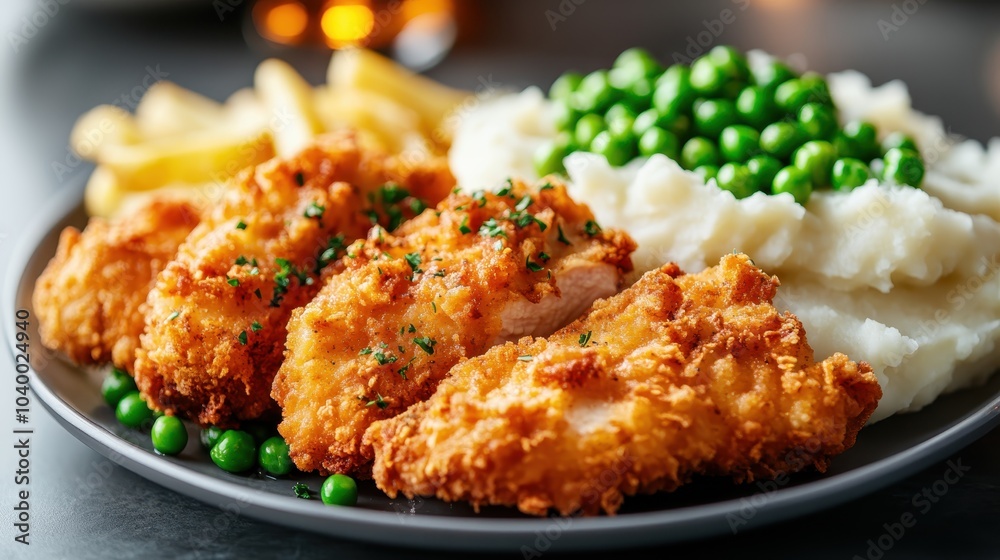 Crispy, golden-brown fried chicken breasts garnished with parsley, served with creamy mashed potatoes and green peas, presented attractively in a rustic style. Crispy, golden-brown fried chicken breasts garnished with parsley, served with creamy mashed potatoes and green peas, presented attractively in a rustic style.