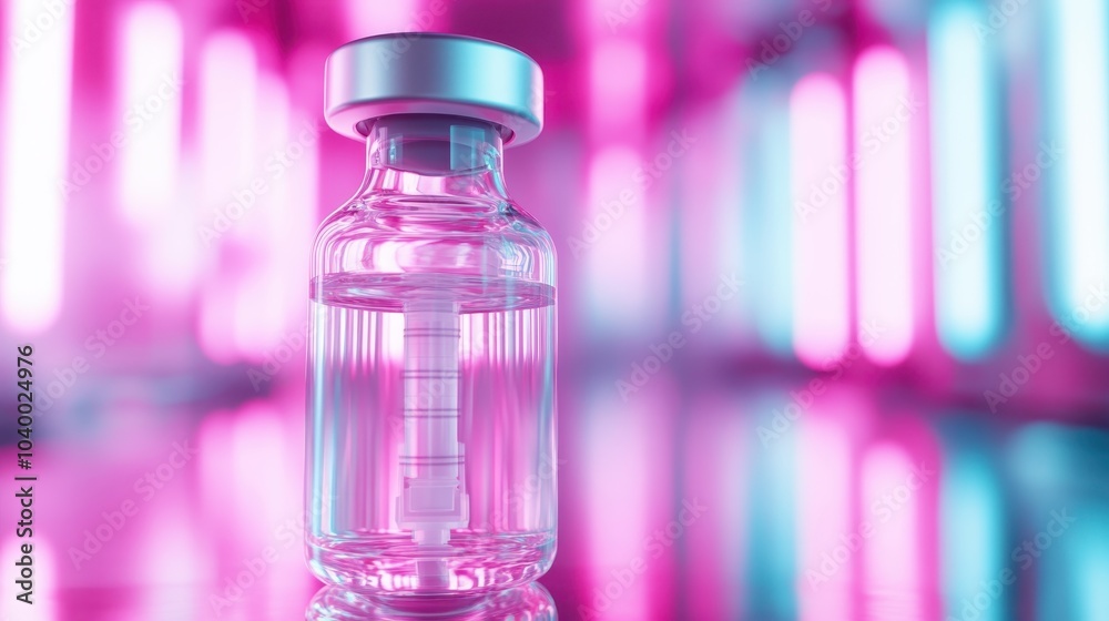 A beautifully crafted clear vial centers the composition, highlighted by a soft glowing neon pink and blue background, creating a stunning showcase for stock content. A beautifully crafted clear vial centers the composition, highlighted by a soft glowing neon pink and blue background, creating a stunning showcase for stock content.