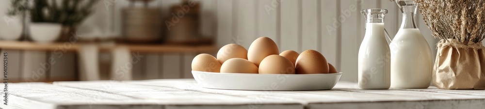 Fresh Raw Eggs and Creamy Dairy Products on a Rustic White Background