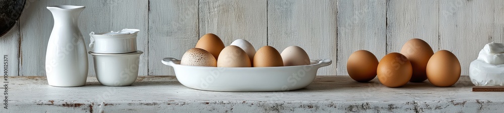 Fresh Raw Eggs and Creamy Dairy Products on a Rustic White Background Fresh Raw Eggs and Creamy Dairy Products on a Rustic White Background