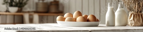 Fresh Raw Eggs and Creamy Dairy Products on a Rustic White Background photo