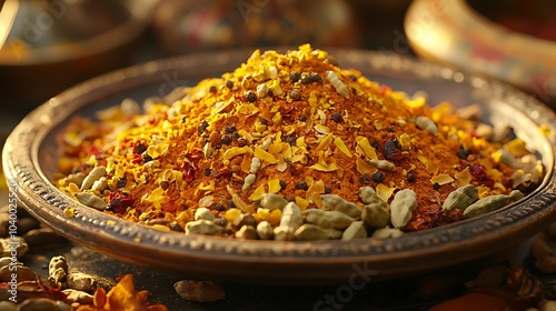 Fototapeta Naklejka Na Ścianę i Meble -  A beautifully arranged spice blend of cardamom, saffron, and cinnamon on a ceramic plate, the warm golden tones glowing under soft light, intricate patterns in the background,