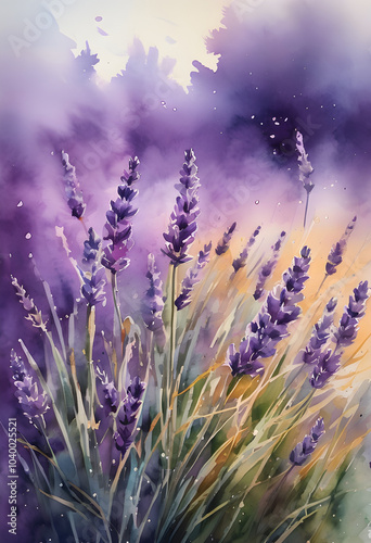 Watercolor painting of lavender flowers swaying in the wind in a bright purple field.