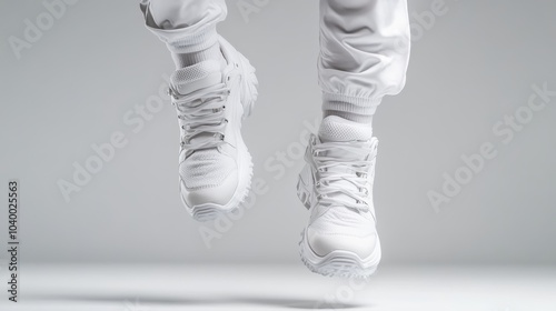 A pair of white sneakers hovers above a minimalist gray studio backdrop, conveying a sense of levitation, style, and contemporary fashion allure. photo