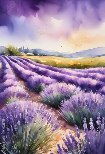 Watercolor painting of lavender flowers swaying in the wind in a bright purple field.