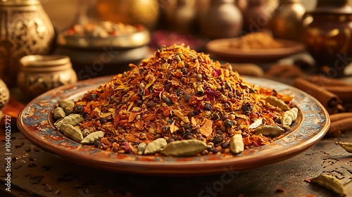 Fototapeta Naklejka Na Ścianę i Meble -  A beautifully arranged spice blend of cardamom, saffron, and cinnamon on a ceramic plate, the warm golden tones glowing under soft light, intricate patterns in the background,