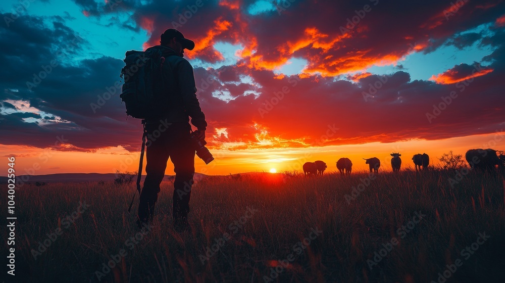 Fototapeta premium Animal Tracker at Dusk, a silhouette of a person observing wildlife against a vibrant sunset sky, capturing the essence of nature's twilight.