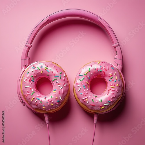 The headphones, designed in a vibrant pink, feature donut shaped ear cups that are also pink with colorful sprinkles. This playful combination sits against a matching pink background, creating a whims photo