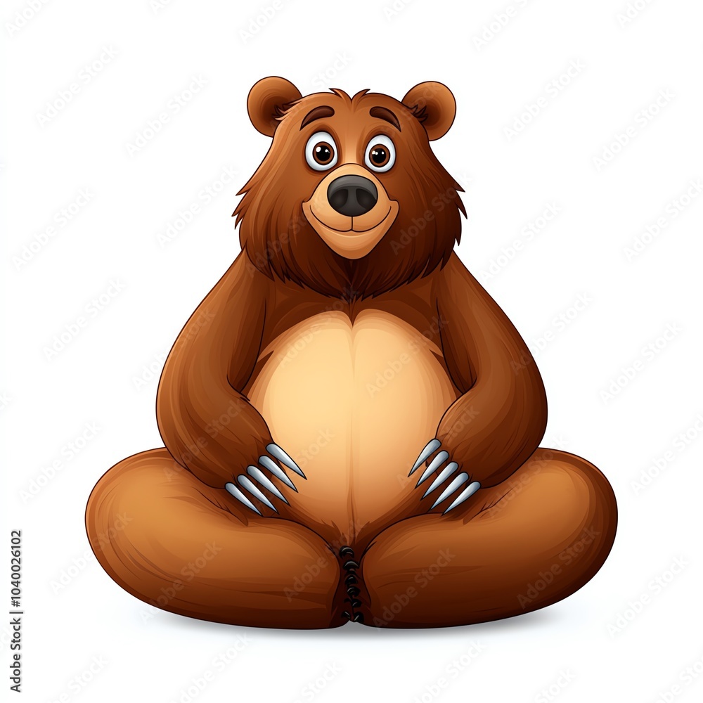 Obraz premium A cute cartoon bear sits comfortably, smiling with its paws resting on its round belly, showcasing a friendly and whimsical character.