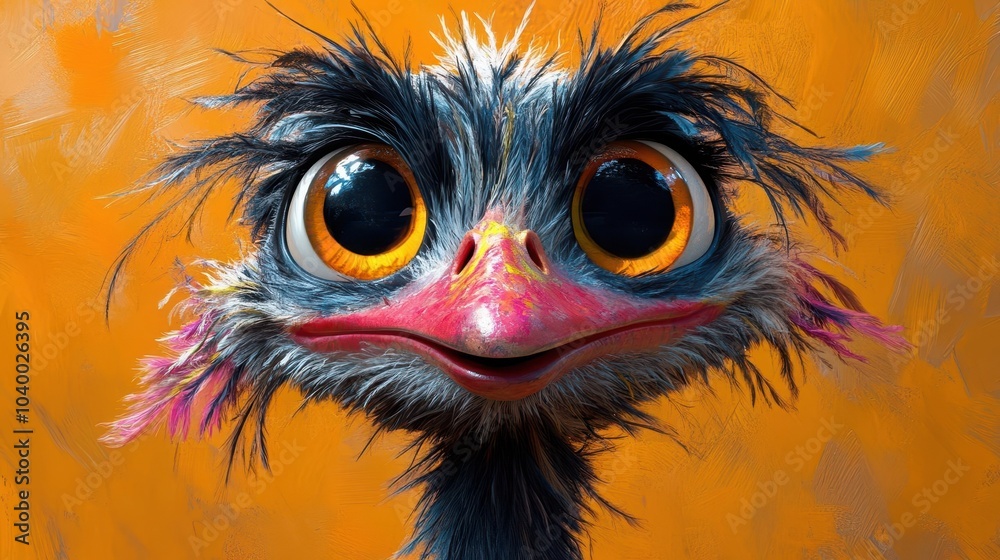 whimsical cartoon ostrich character with a big smile and vibrant feathers set against a bright orange background exuding joy and playfulness that appeals to all ages