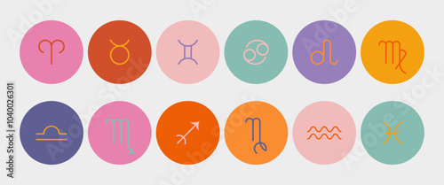 Set of round icons with zodiac signs in retro colors. Colorful vector symbols for astrological projects, digital design, apps, branding, or print materials