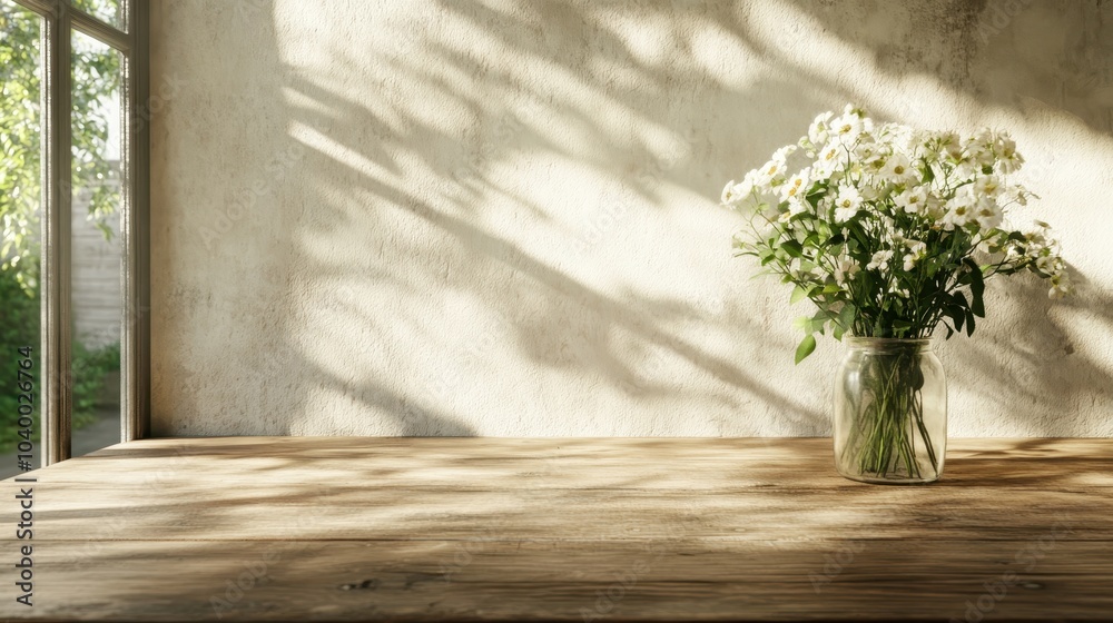 Sunlight cascades over a simple arrangement of white daisies in a glass jar on a rustic wooden table, conveying natural beauty and peace in an indoor setting. Sunlight cascades over a simple arrangement of white daisies in a glass jar on a rustic wooden table, conveying natural beauty and peace in an indoor setting.