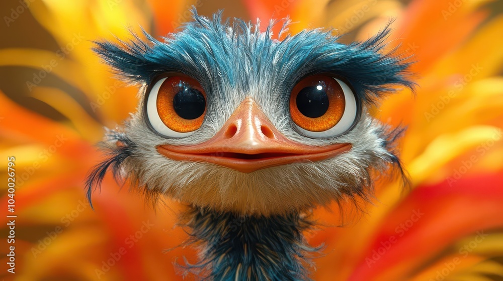 whimsical cartoon ostrich character with a big smile and vibrant feathers set against a bright orange background exuding joy and playfulness that appeals to all ages