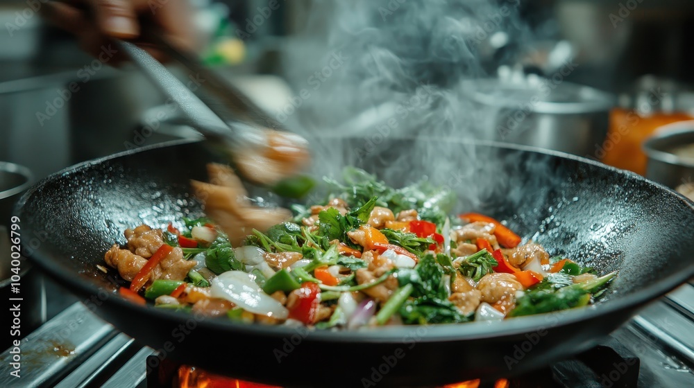 A vibrant and colorful stir-fry of meat and fresh vegetables sizzles and steams in a hot wok, capturing the energy and vitality of dynamic cooking artistry. A vibrant and colorful stir-fry of meat and fresh vegetables sizzles and steams in a hot wok, capturing the energy and vitality of dynamic cooking artistry.