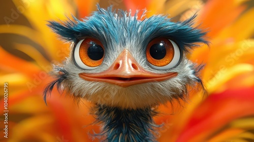 Obraz na płótnie whimsical cartoon ostrich character with a big smile and vibrant feathers set against a bright orange background exuding joy and playfulness that appeals to all ages w salonie
